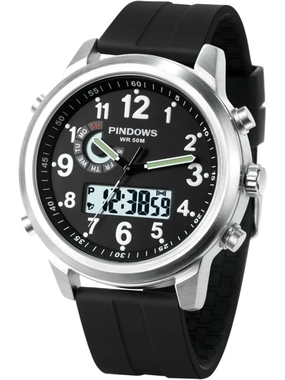 Men's Black Silver Analog Waterproof Military Multifunctional LED Digital Watch